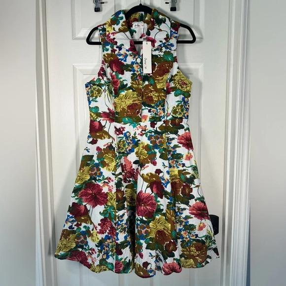 SunnyGirl Mod Floral Button Collared Fit & Flare Dress Linen Blend Size X-Large - Picture 1 of 11